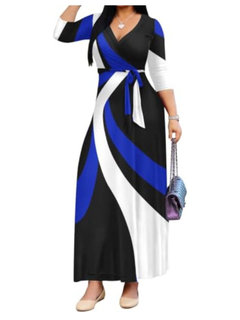Plus Size Maxi Dress 3/4 Sleeve V-Neck Casual Long Dress with Pockets Belt